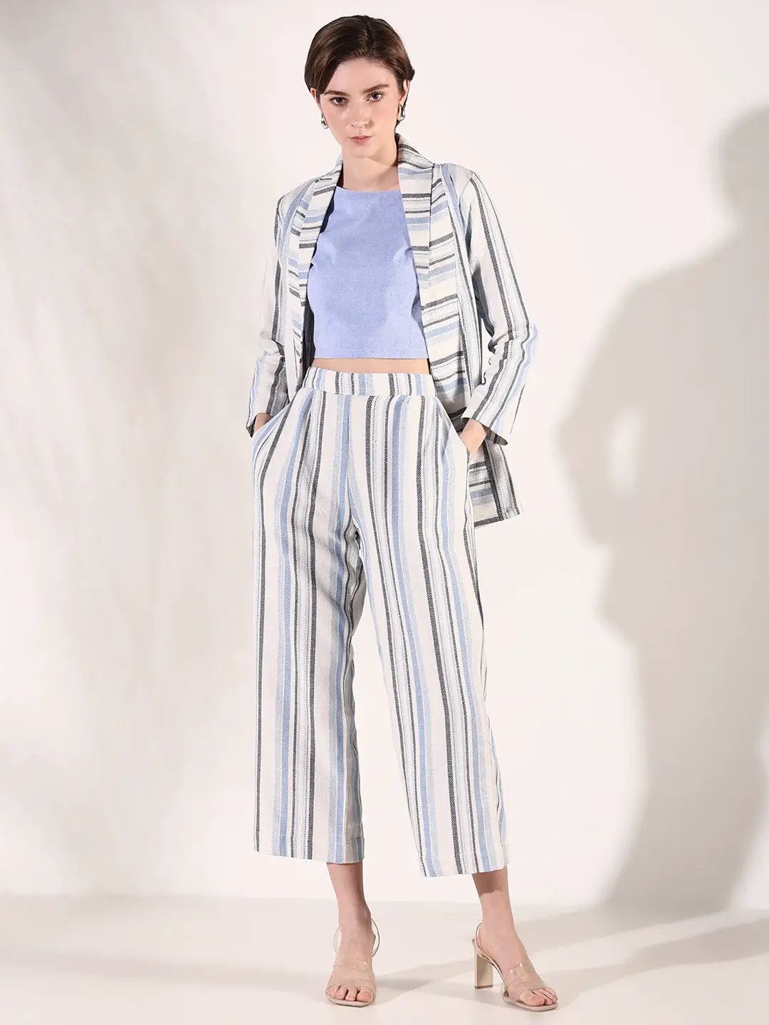 Women's Striped Blue Co-Ords Set with Blazer