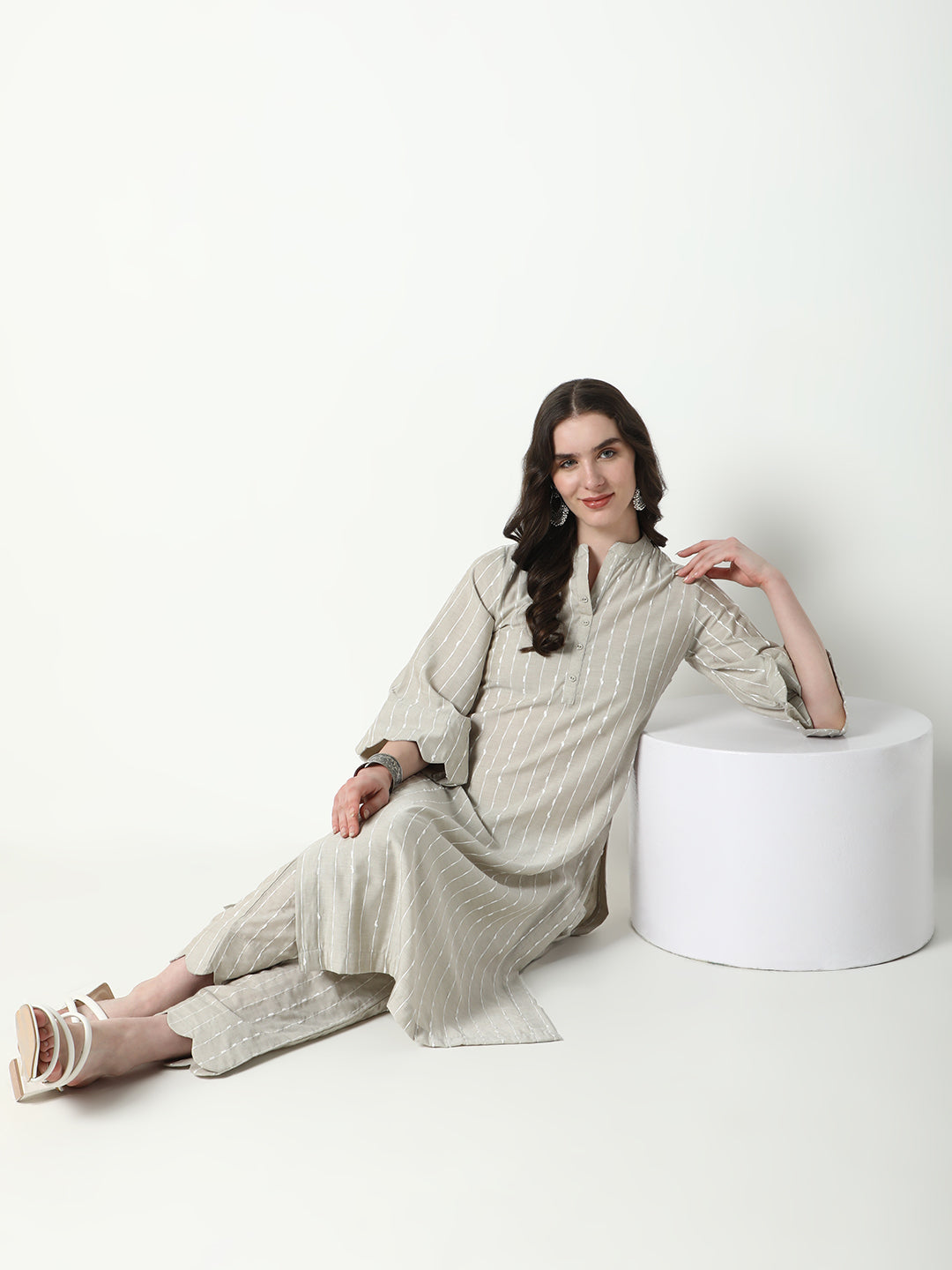 Women's Beige Striped Straight Kurta Set