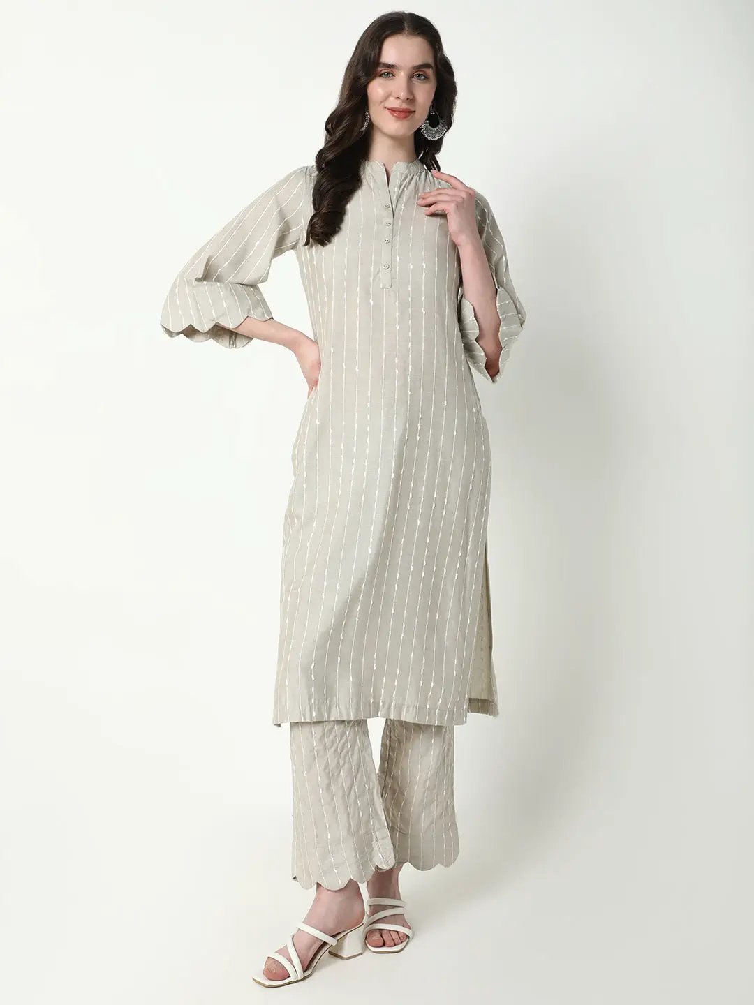 Women's Beige Striped Straight Kurta Set