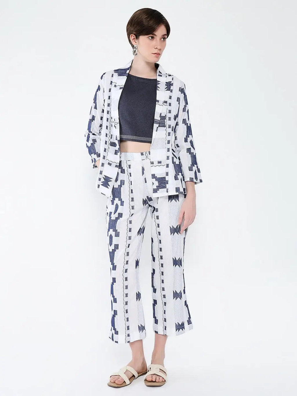 Women's Navy Blue Solid Co-Ords Set with Blazer