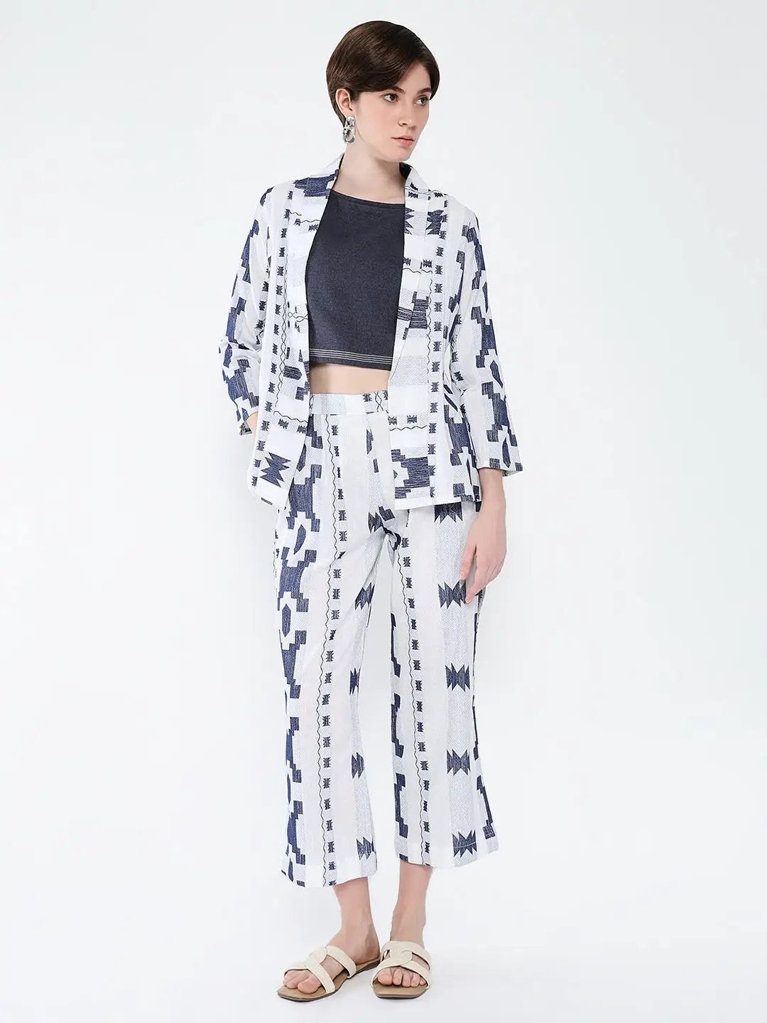 Women's Navy Blue Solid Co-Ords Set with Blazer