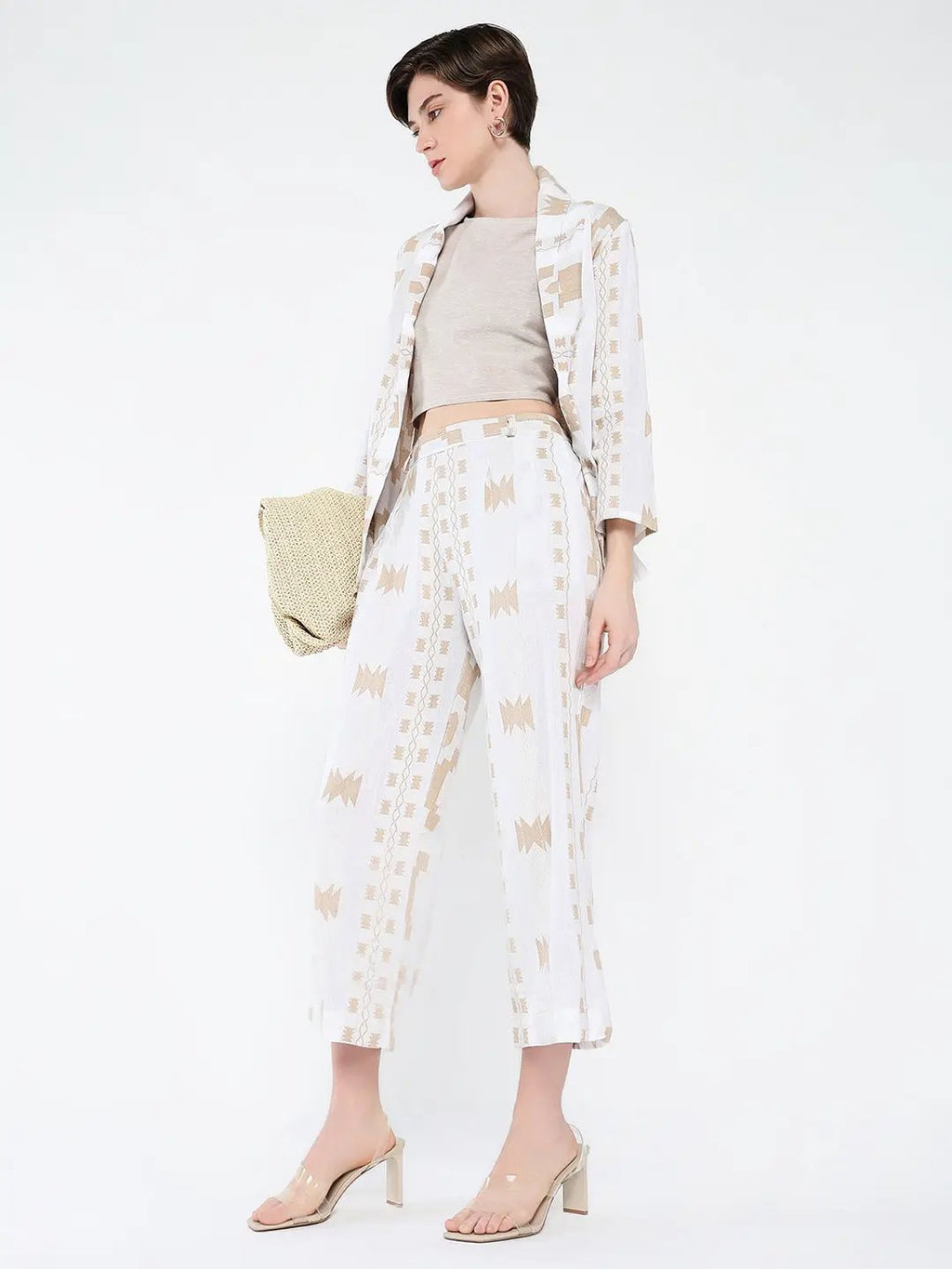 Women's Off White Solid Co-Ords Set with Blazer