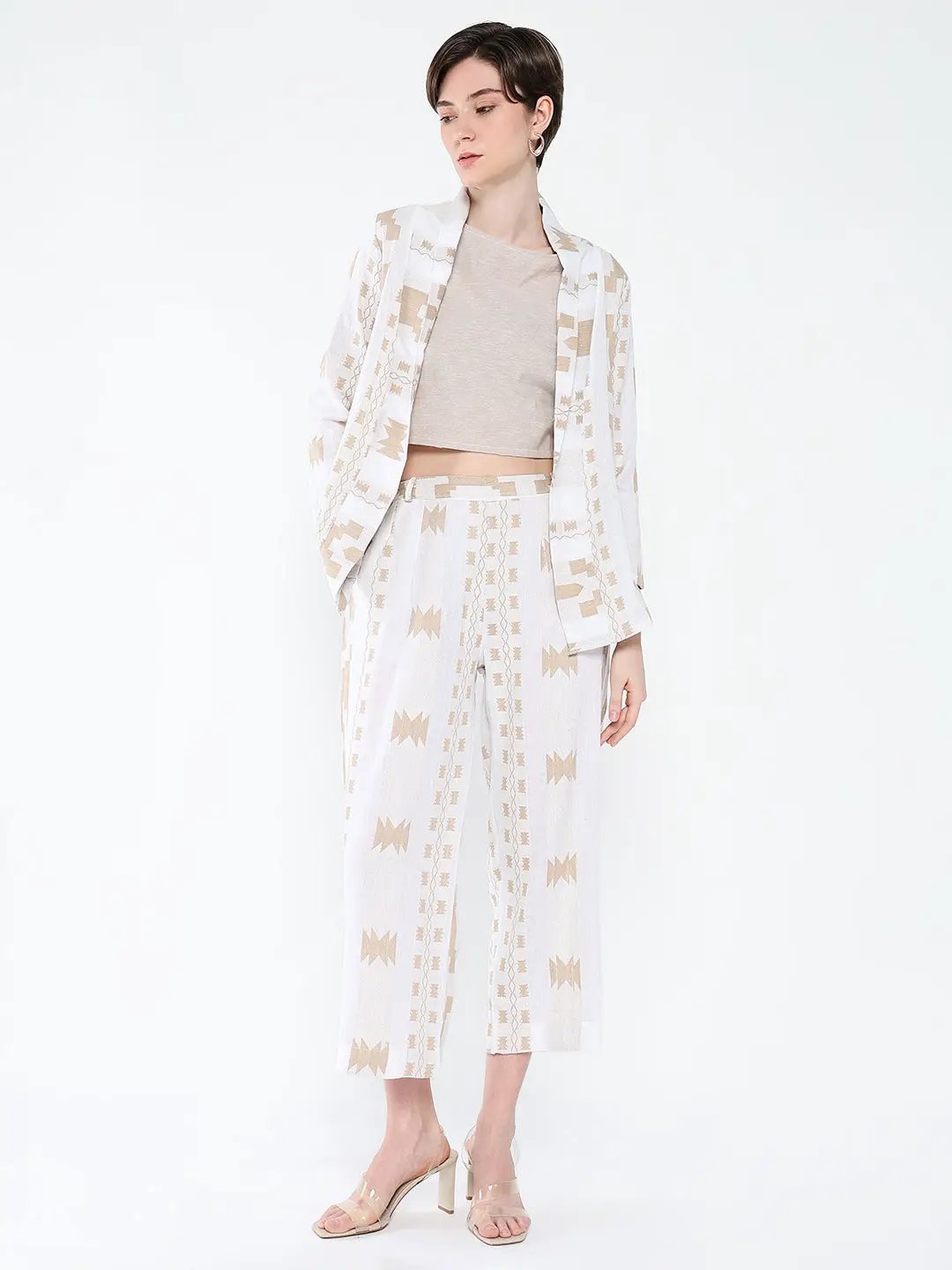 Women's Off White Solid Co-Ords Set with Blazer