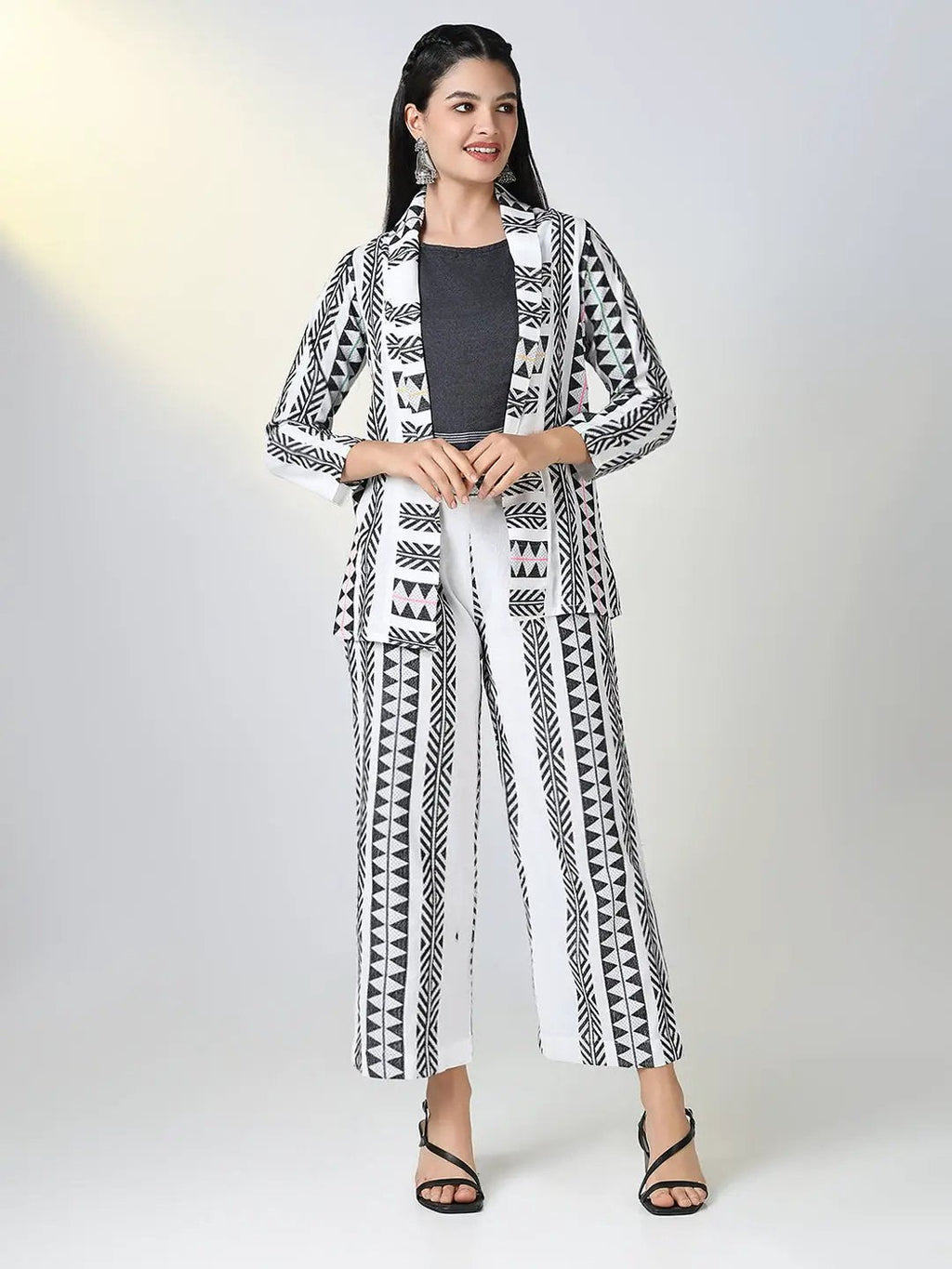 Women's White Woven Design Co-Ords Set with Blazer