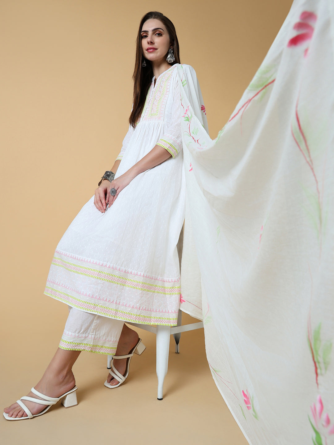 Women's Solid White Anarkali Kurta Set