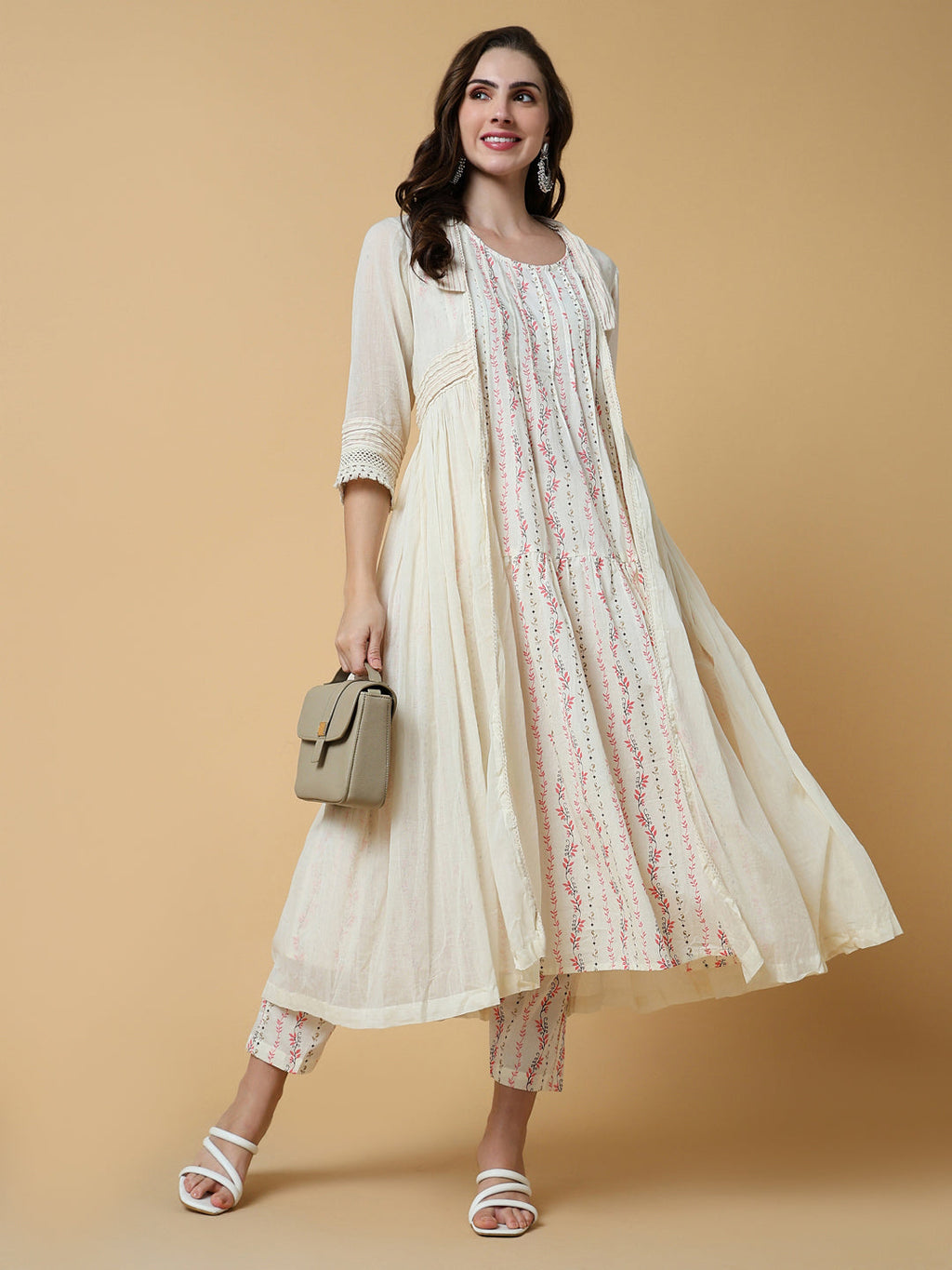 Women's Floral Cream A-Line Kurta Set with Shrug