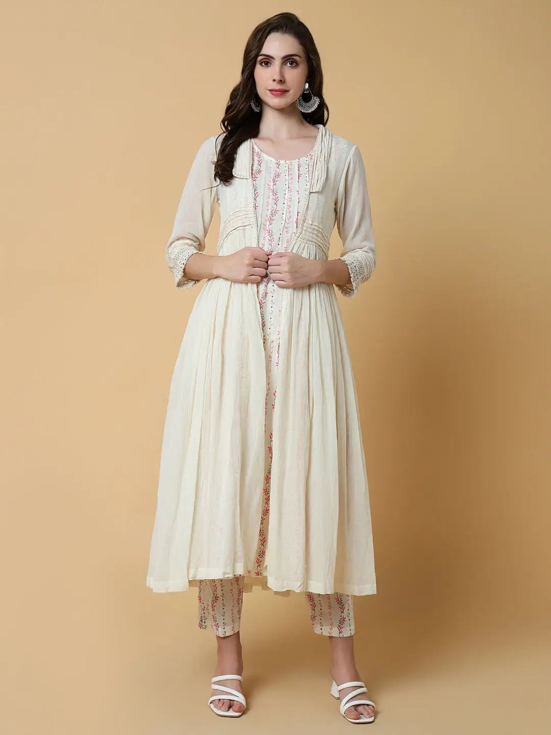 Women's Floral Cream A-Line Kurta Set with Shrug