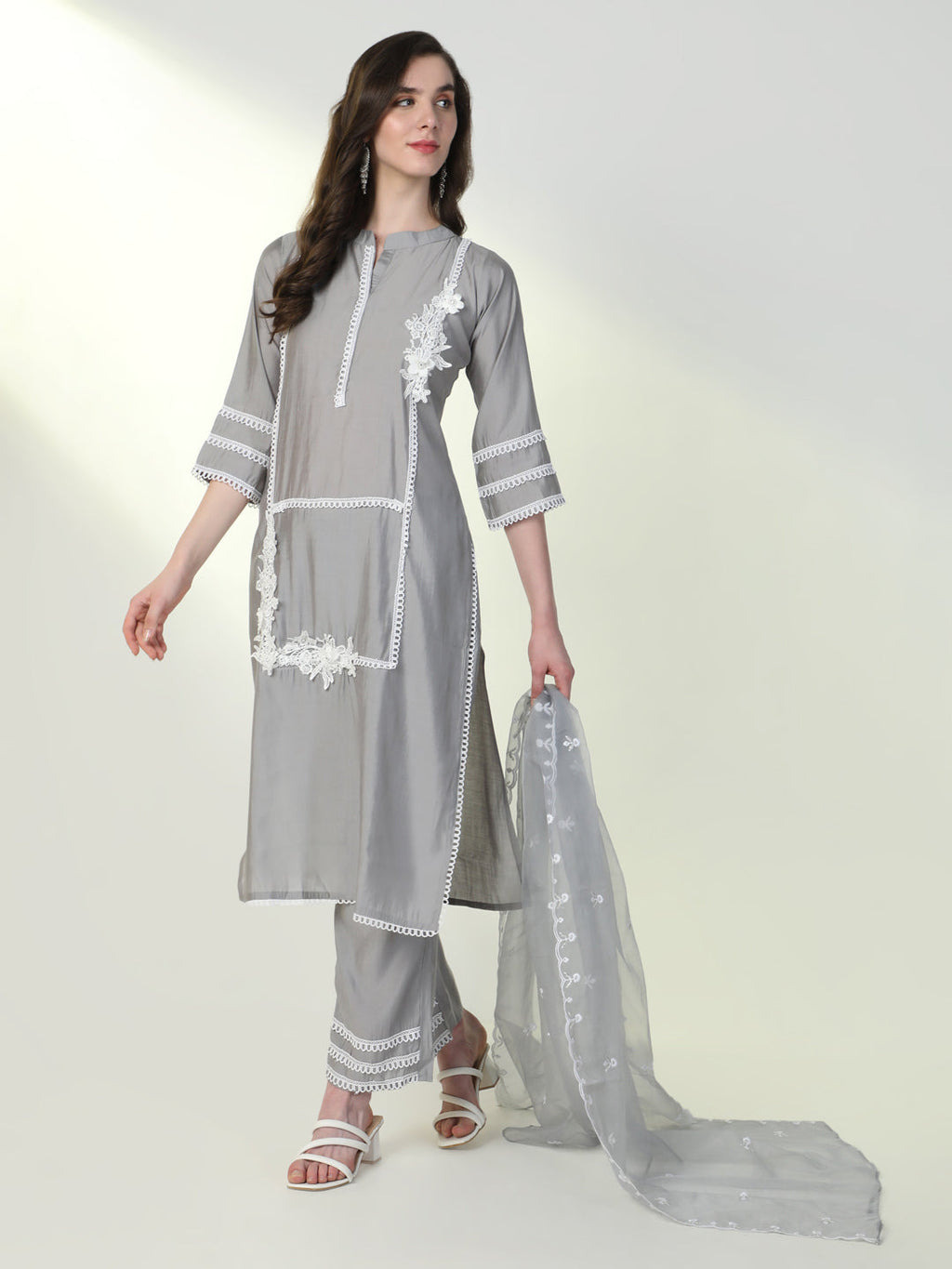 Women's Grey Solid Kurta Set with Dupatta