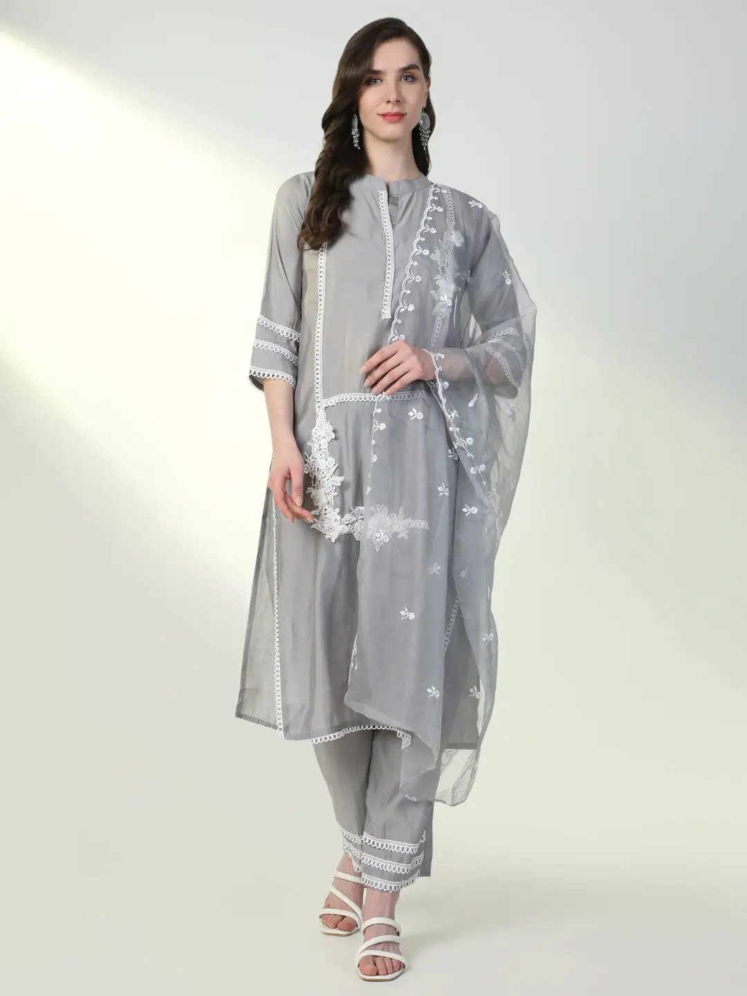 Women's Grey Solid Kurta Set with Dupatta