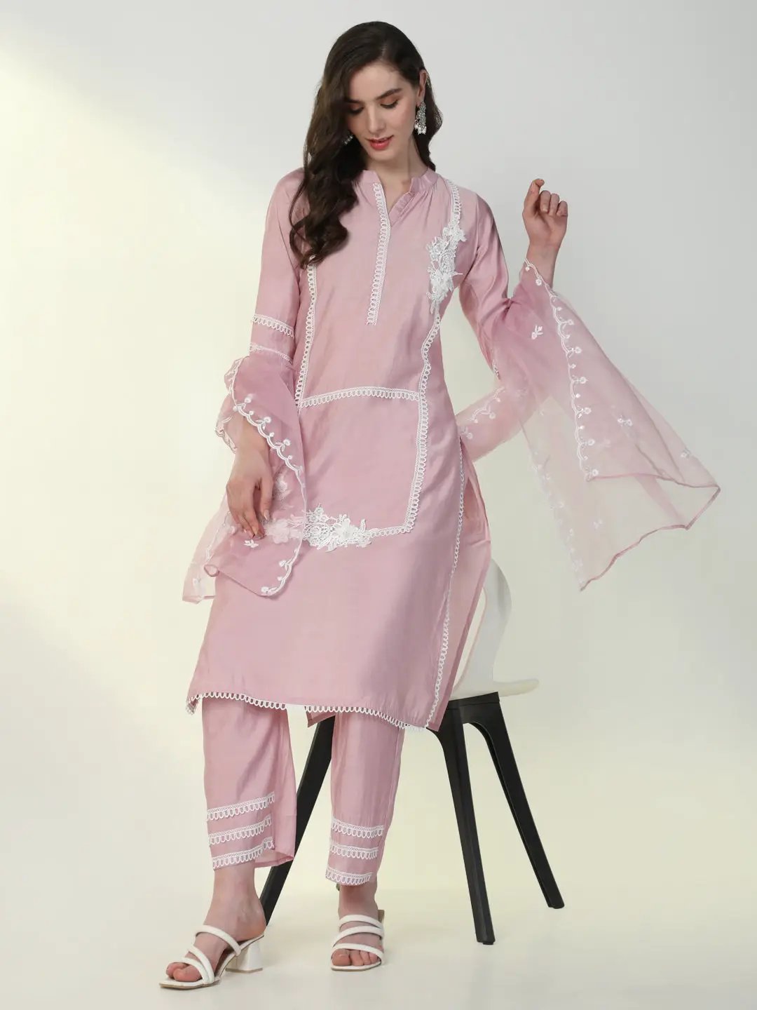 Women's Pink Solid Kurta Set with Dupatta
