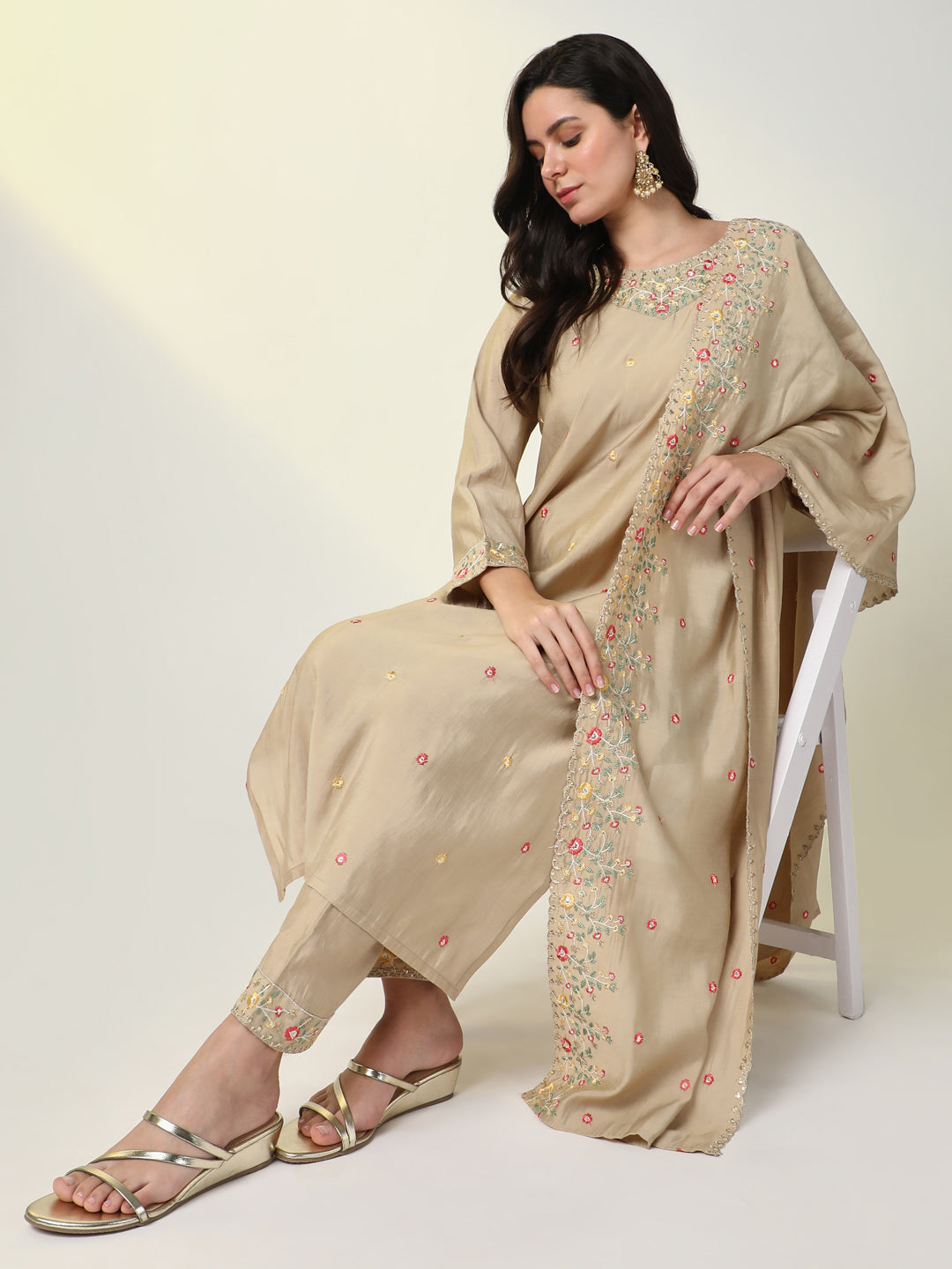 Women's Beige Floral Kurta Sets with Dupatta