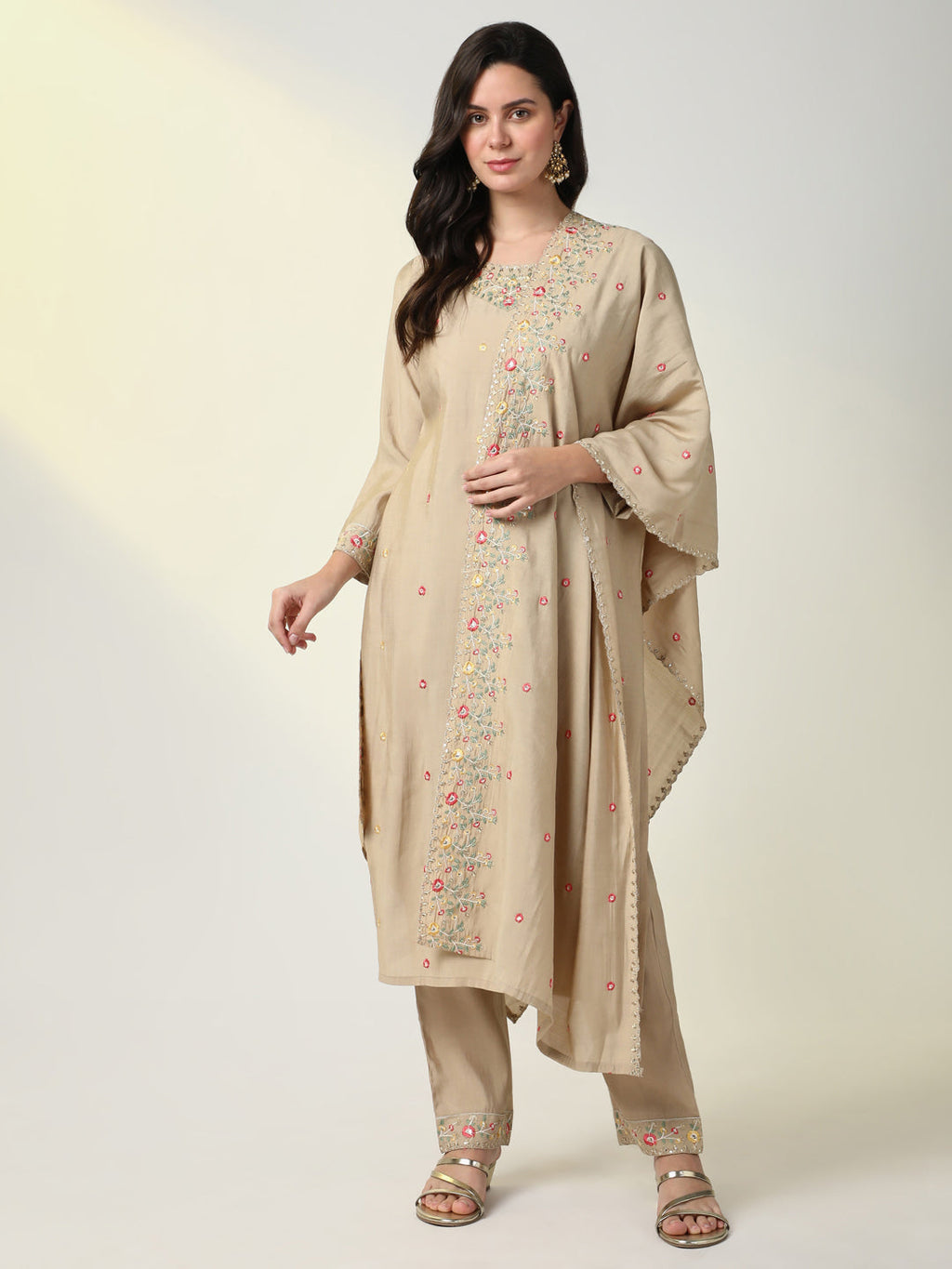 Women's Beige Floral Kurta Sets with Dupatta