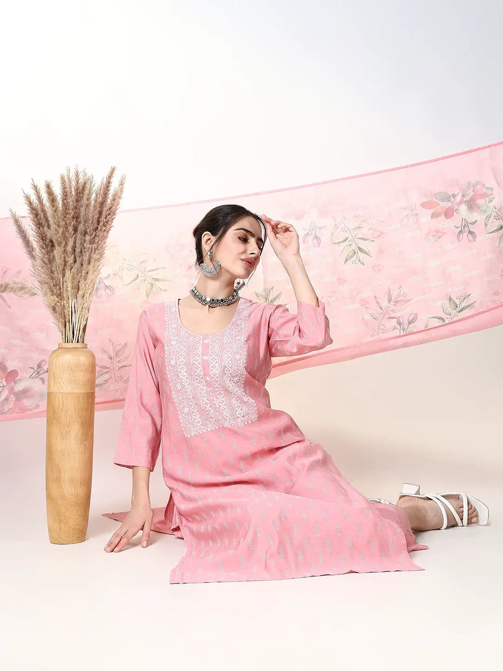 Women's Printed Pink Straight Kurta Set with Dupatta