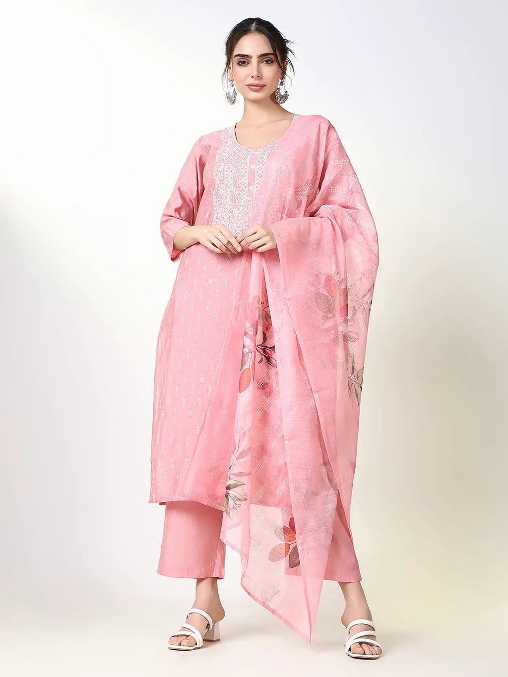 Women's Printed Pink Straight Kurta Set with Dupatta