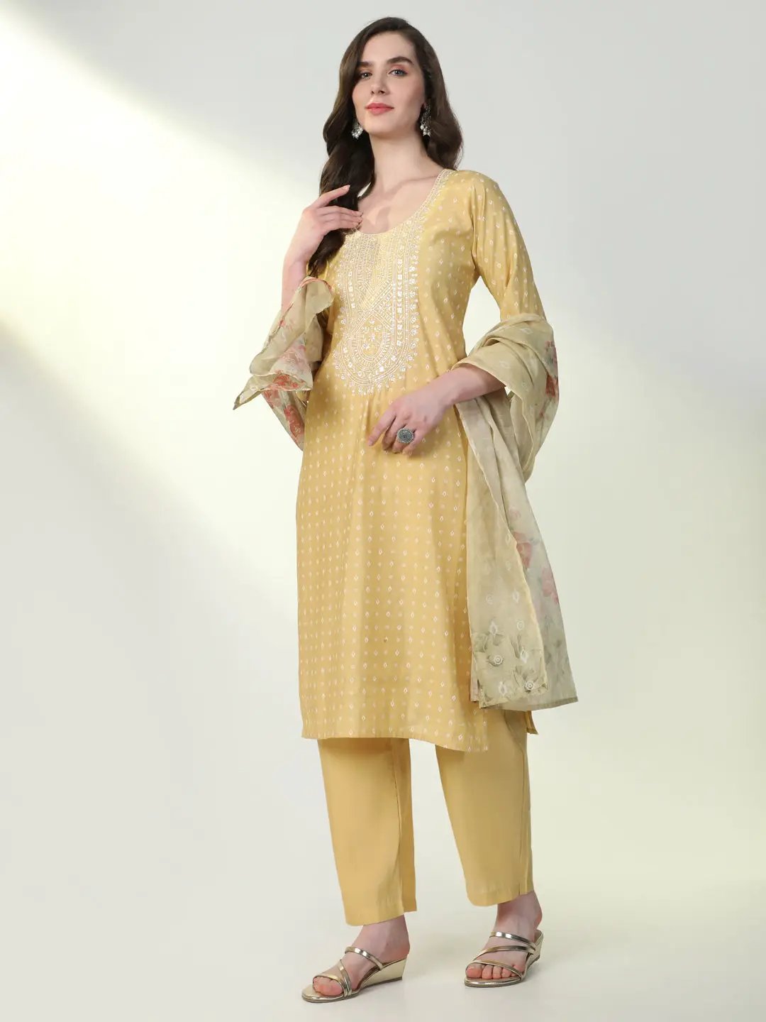 Women's Yellow Graphic Kurta Set with Dupatta
