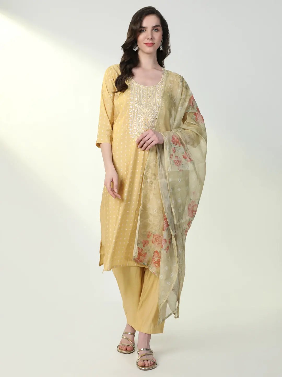 Women's Yellow Graphic Kurta Set with Dupatta