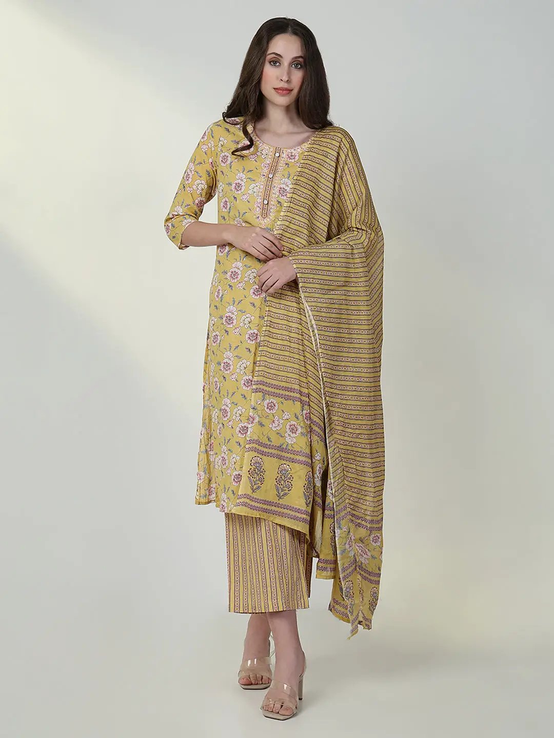 Women's Floral Ethnic Yellow Straight Kurta Set with Dupatta