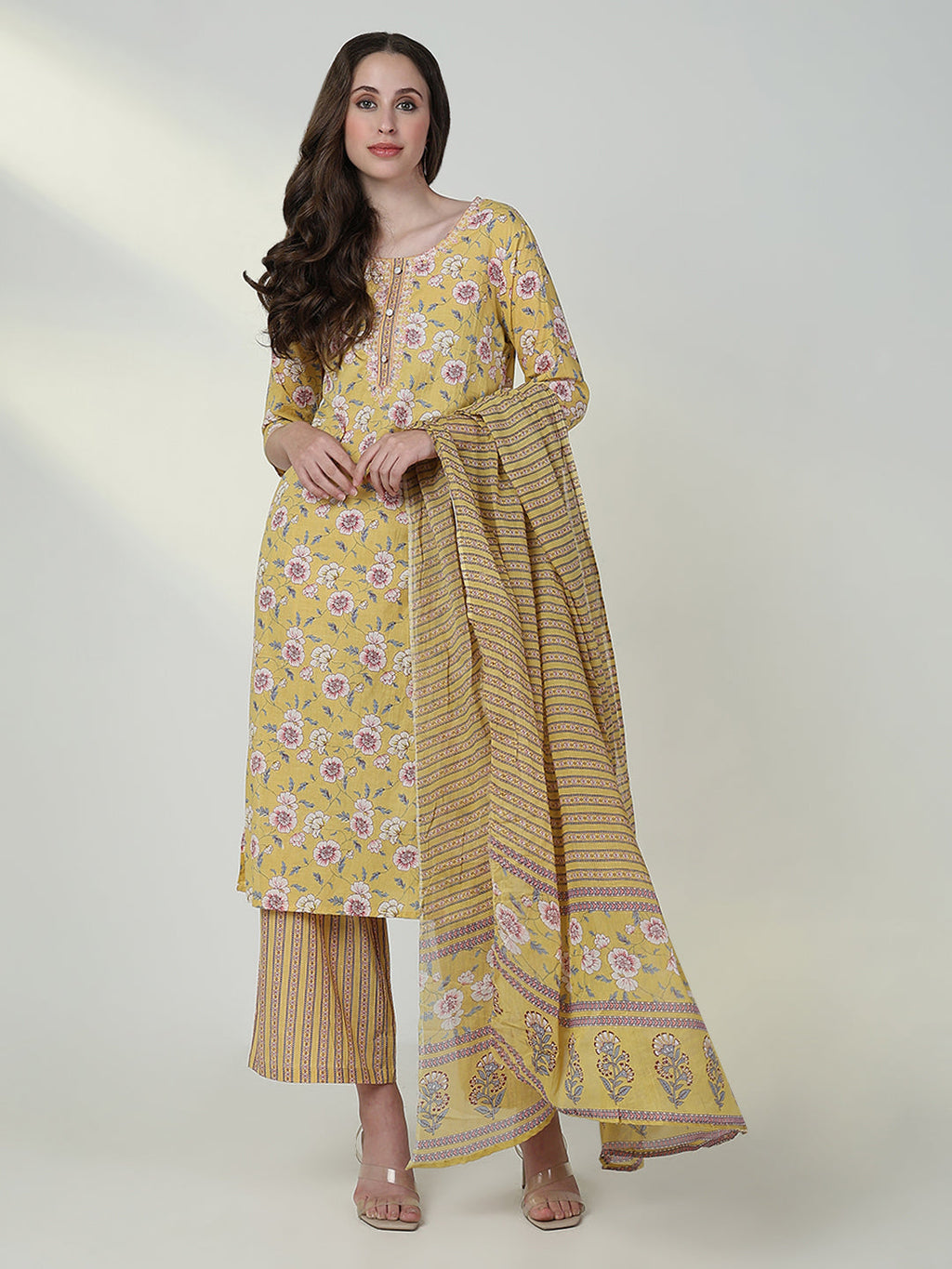 Women's Floral Ethnic Yellow Straight Kurta Set with Dupatta
