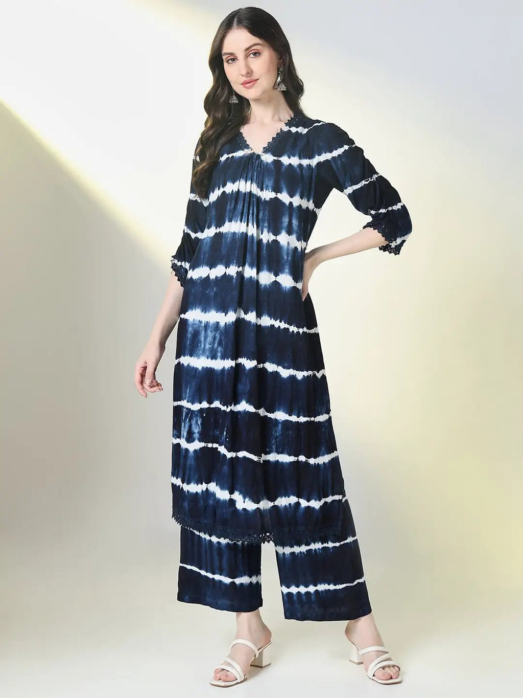 Women's Blue Tie Dye A Line Kurta Set