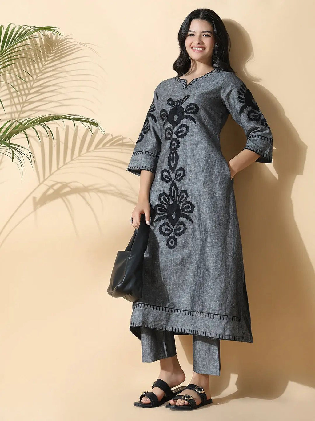 Women's Floral A-Line Embroidered Grey Kurta Set
