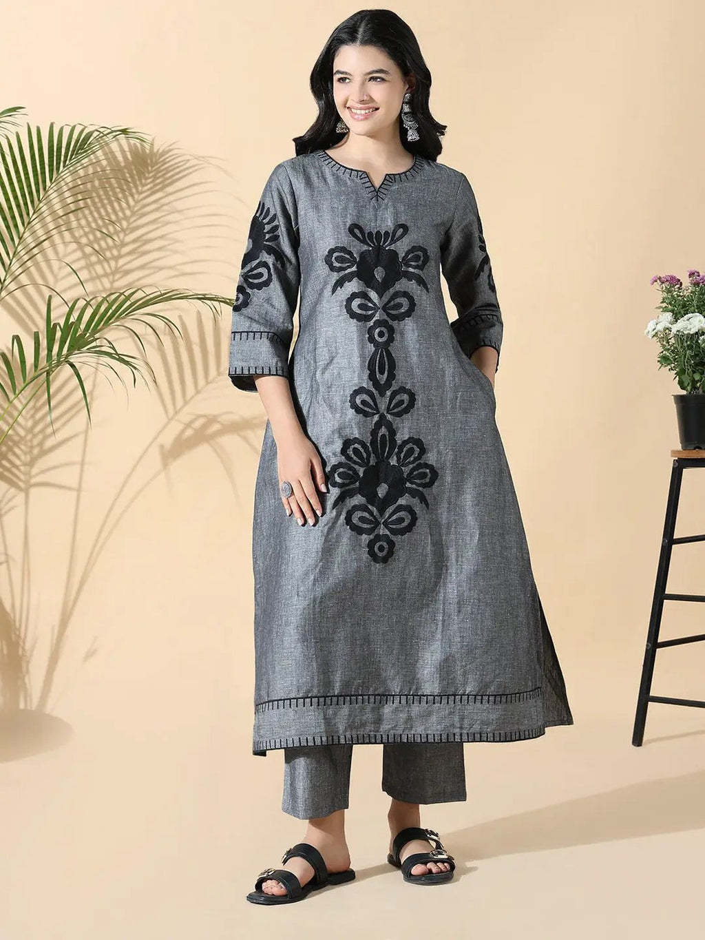 Women's Floral A-Line Embroidered Grey Kurta Set