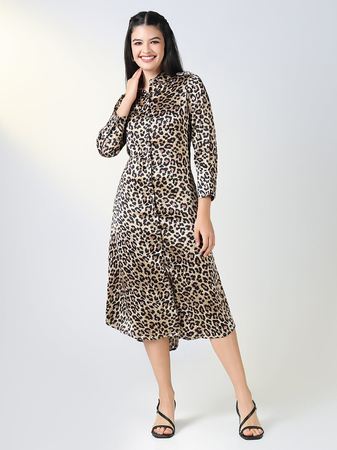 Women's Brown Animal Print Shirt Dress
