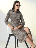 Women's Brown Animal Printed Shirt Midi Dress
