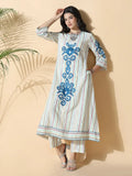 Women's Striped A-Line Thread Work Off White Kurta Set