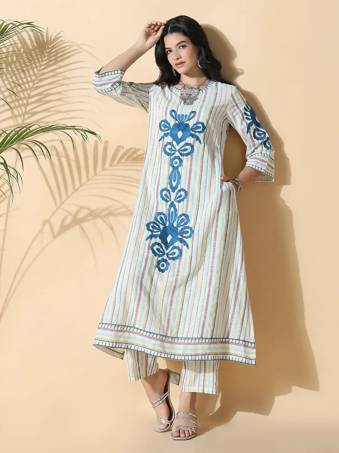 Women's Striped A-Line Thread Work Off White Kurta Set