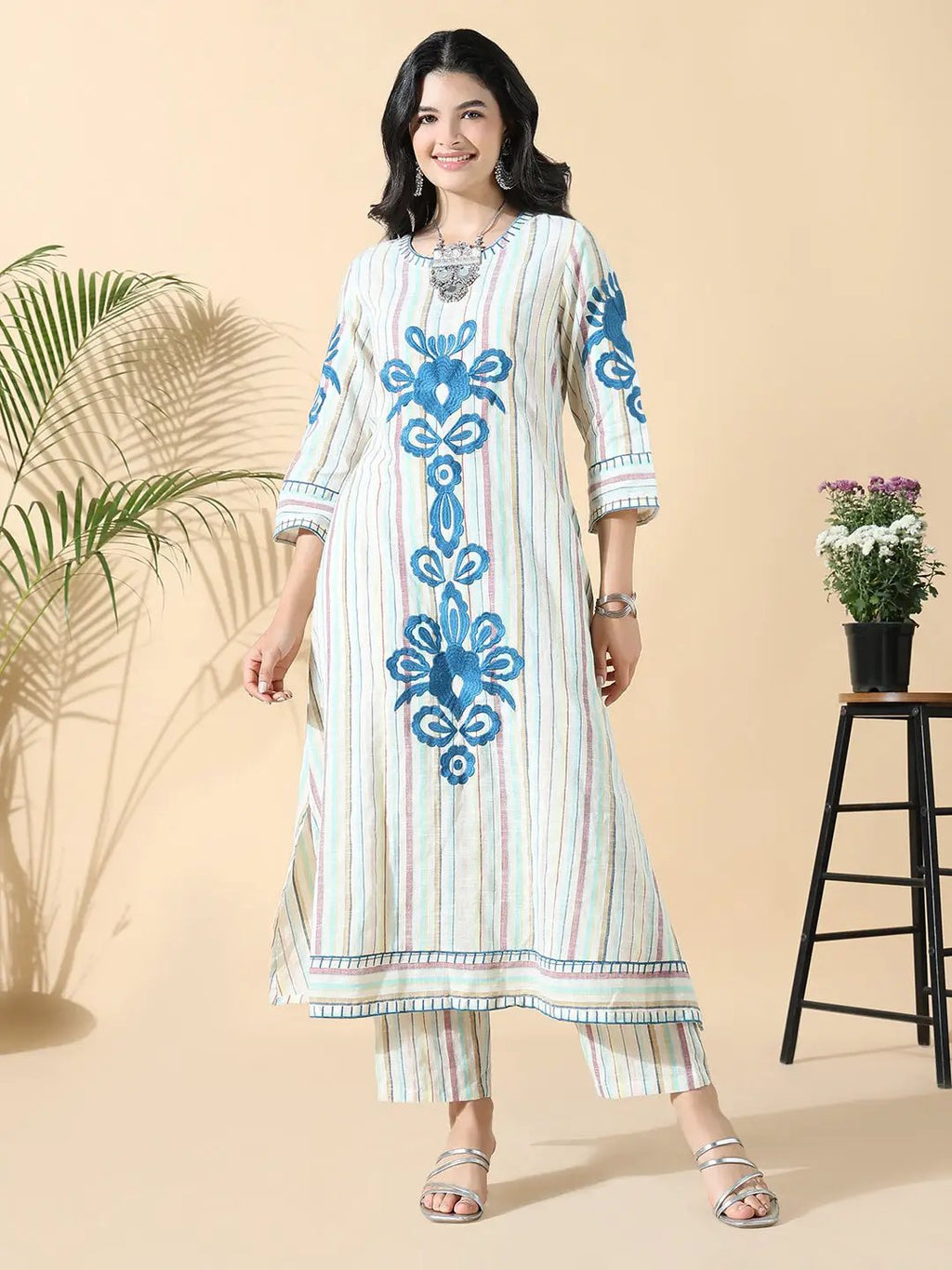 Women's Striped A-Line Thread Work Off White Kurta Set