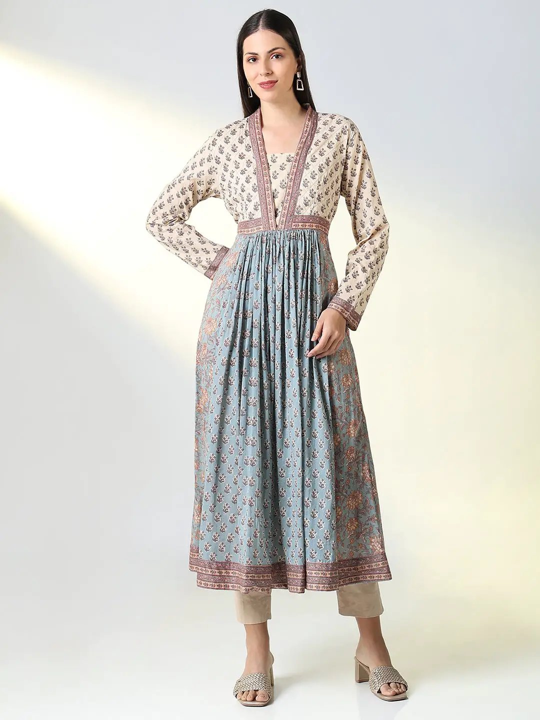 Women's Grey Floral A Line Kurta