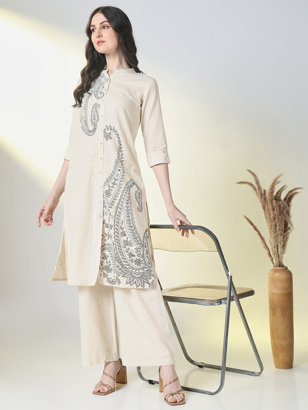 Women's Cream Paisley A Line Kurta Set