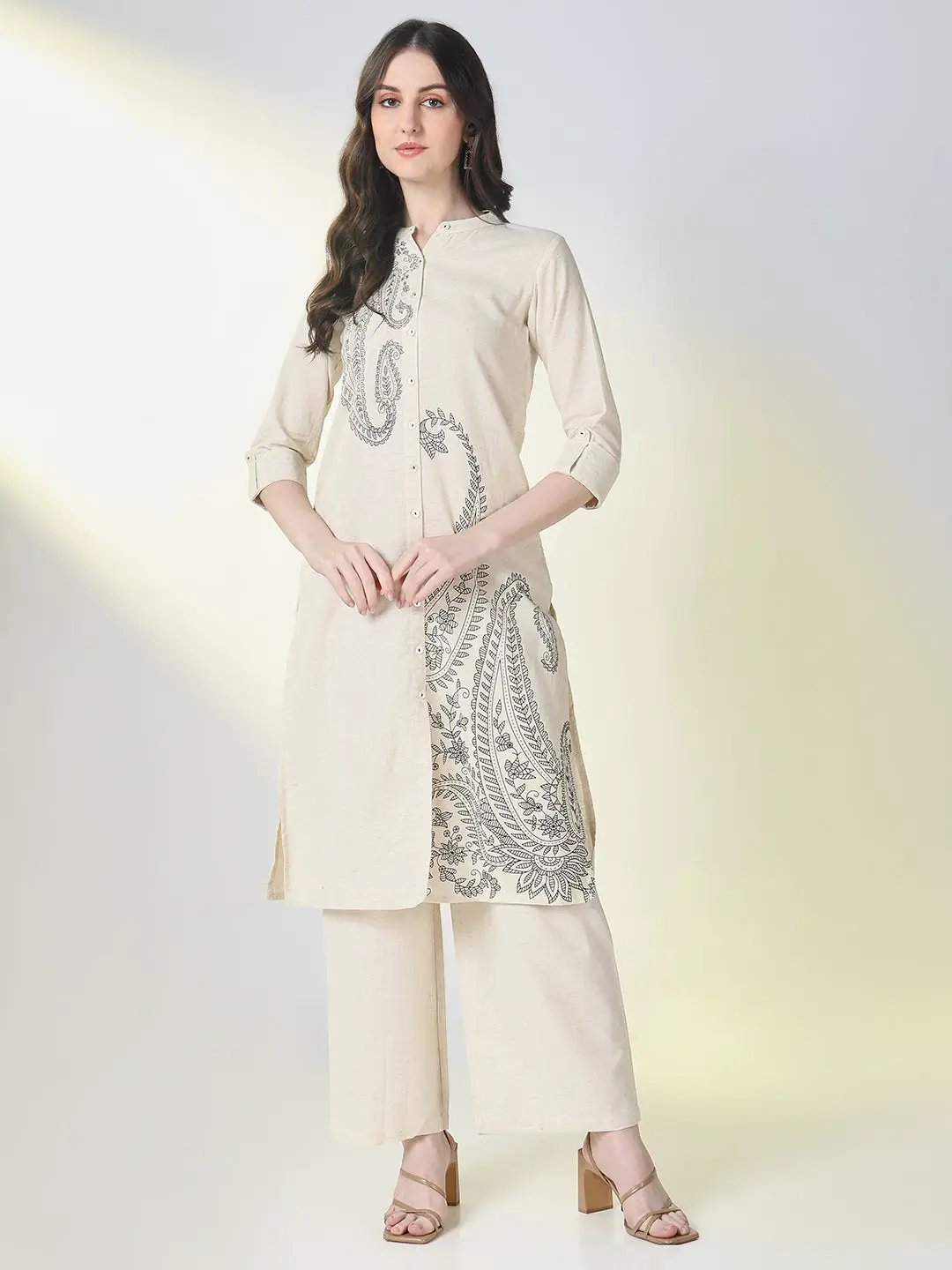 Women's Cream Paisley A Line Kurta Set
