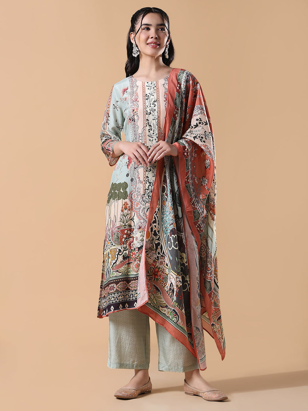 Women's Floral Straight Sequinned Green Kurta Set with Dupatta