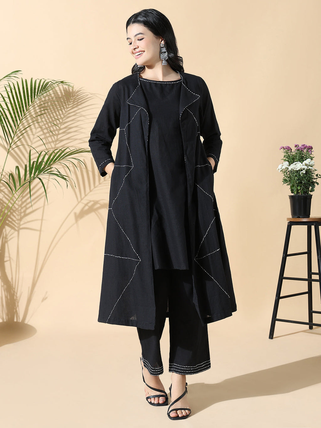 Women's Solid A-Line Kantha Work Black Kurta Set with Shrug