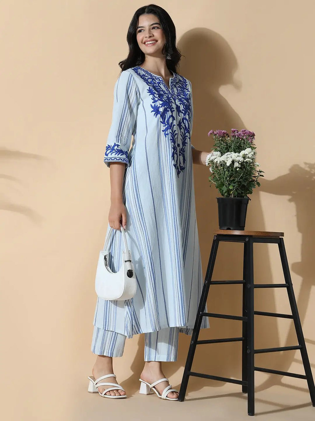 Women's Striped A-Line Thread Work Blue Kurta Set