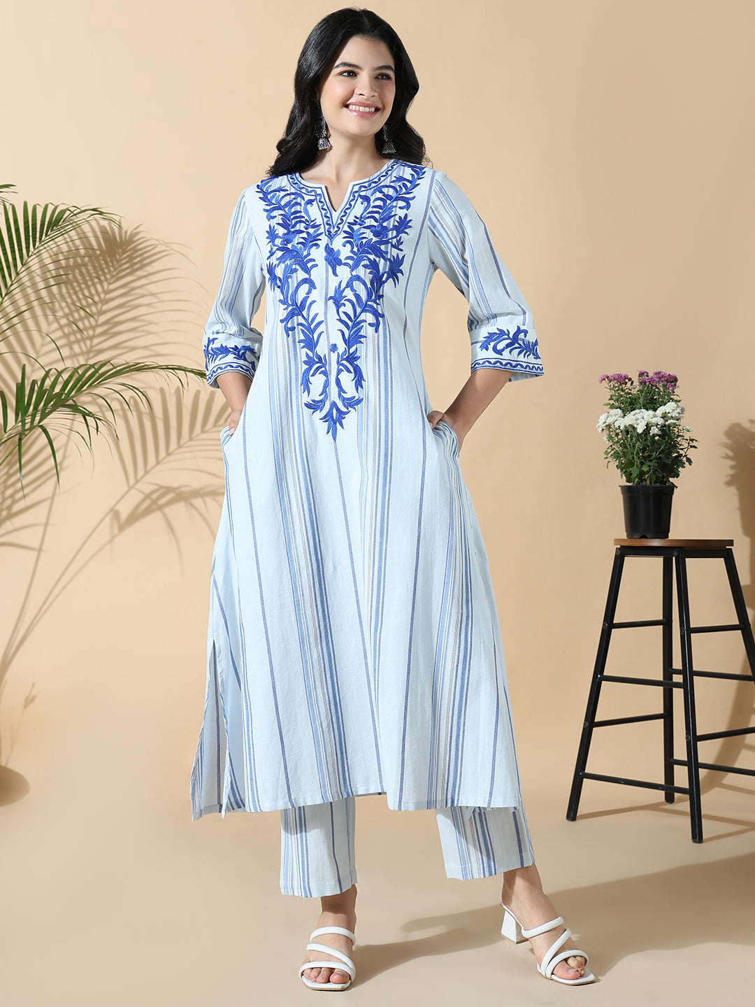 Women's Striped A-Line Thread Work Blue Kurta Set