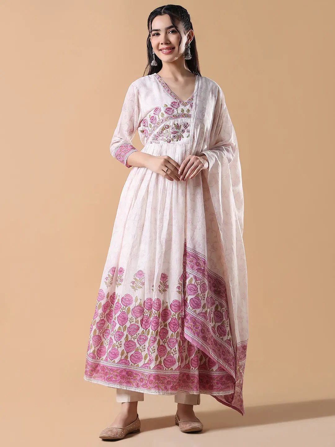 Women's Off White Floral Cotton Anarkali Kurta with Dupatta