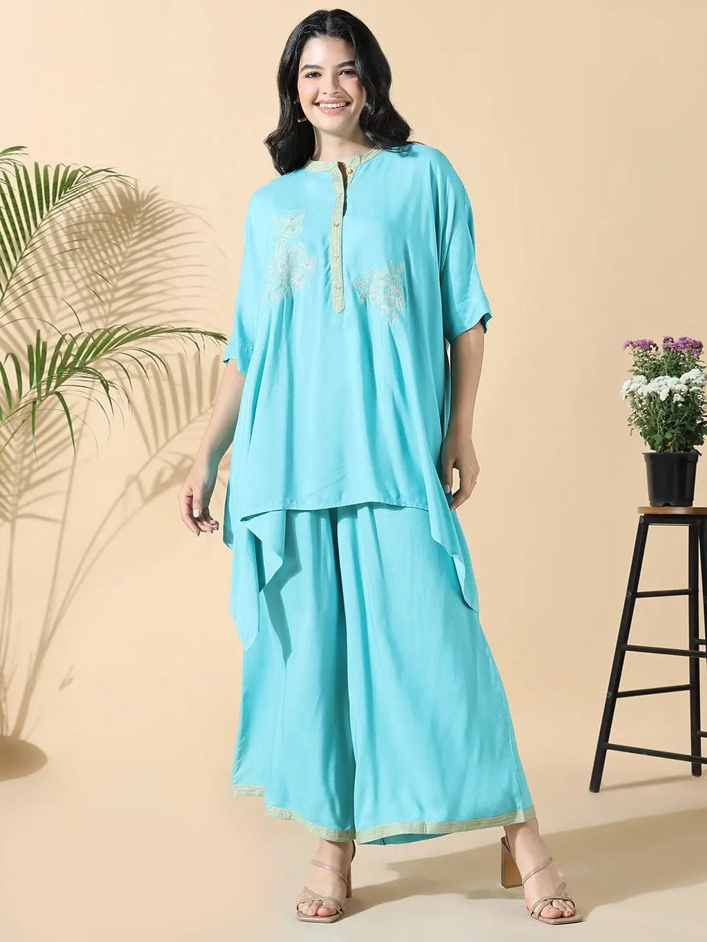 Women's Solid Kaftan Embroidered Blue Kurta with Palazzos
