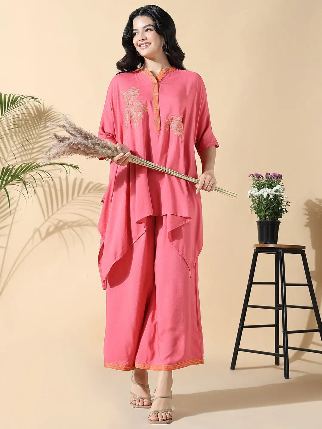 Women's Solid Kaftan Embroidered Pink Kurta with Palazzos