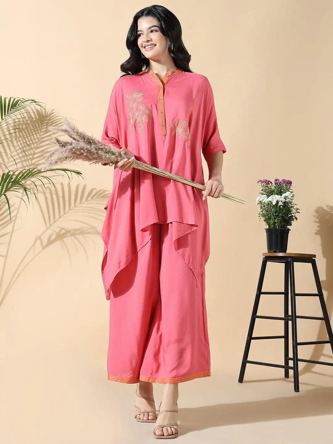 Women's Solid Kaftan Embroidered Pink Kurta with Palazzos