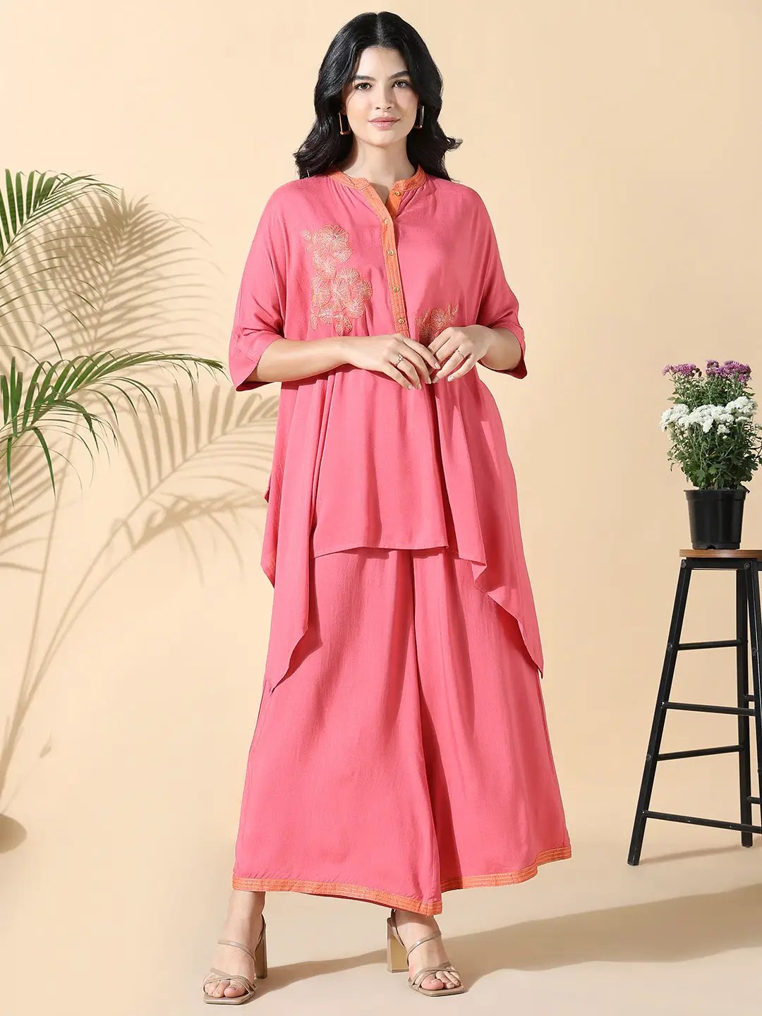 Women's Solid Kaftan Embroidered Pink Kurta with Palazzos