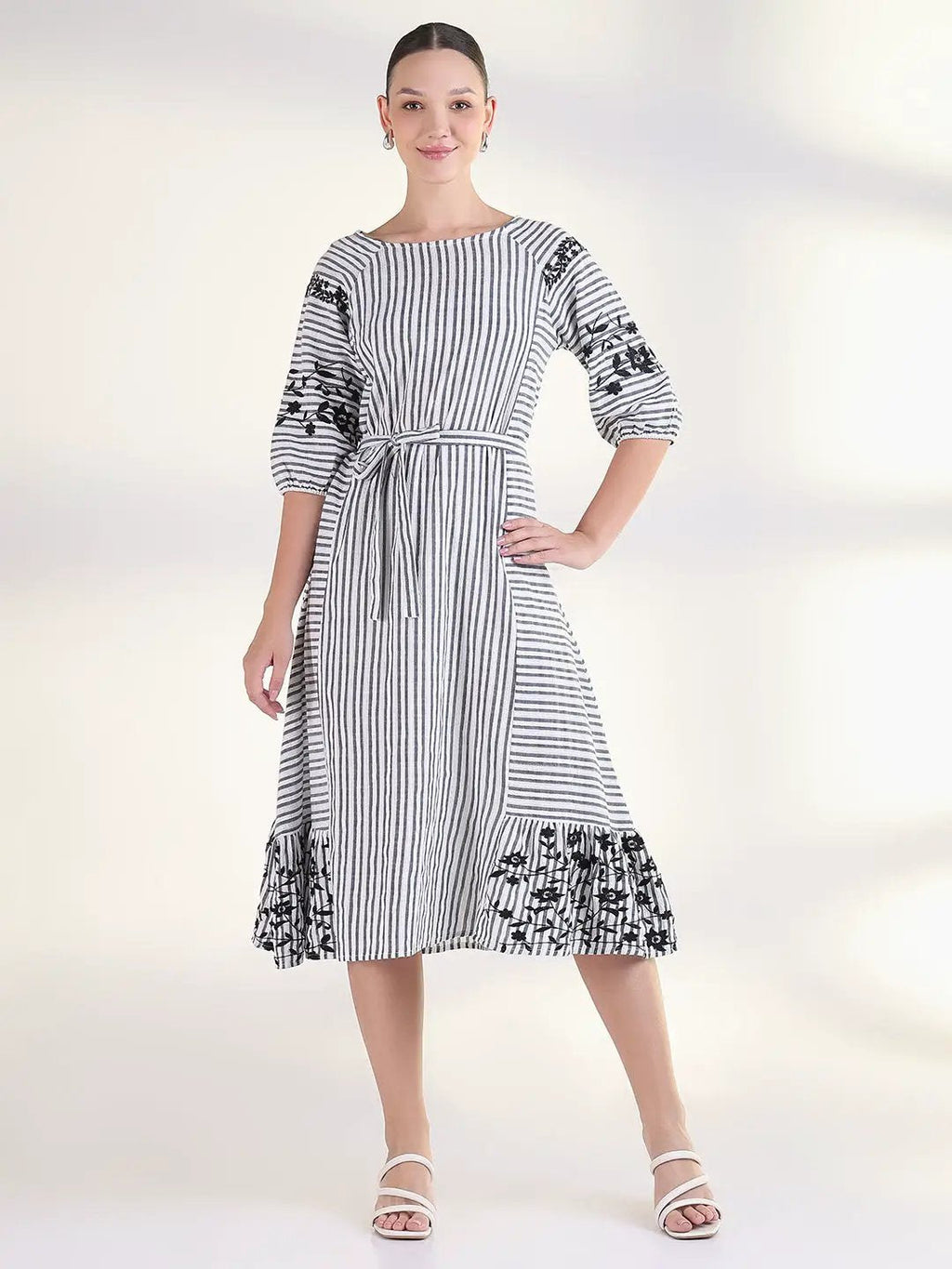 Women's Striped White Fit and Flare Midi Dress with Tie Up