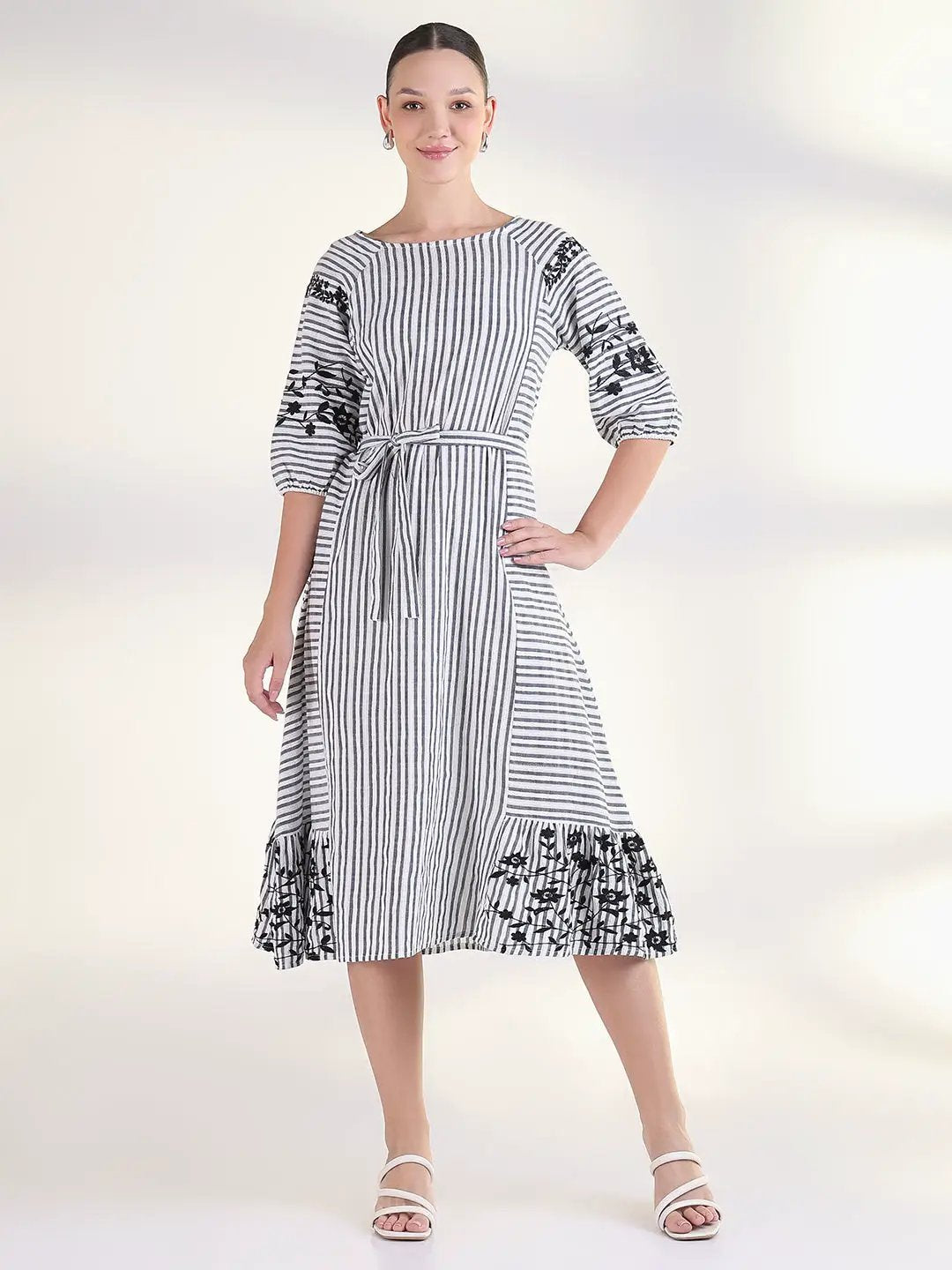 Women's Striped White Fit and Flare Midi Dress with Tie Up