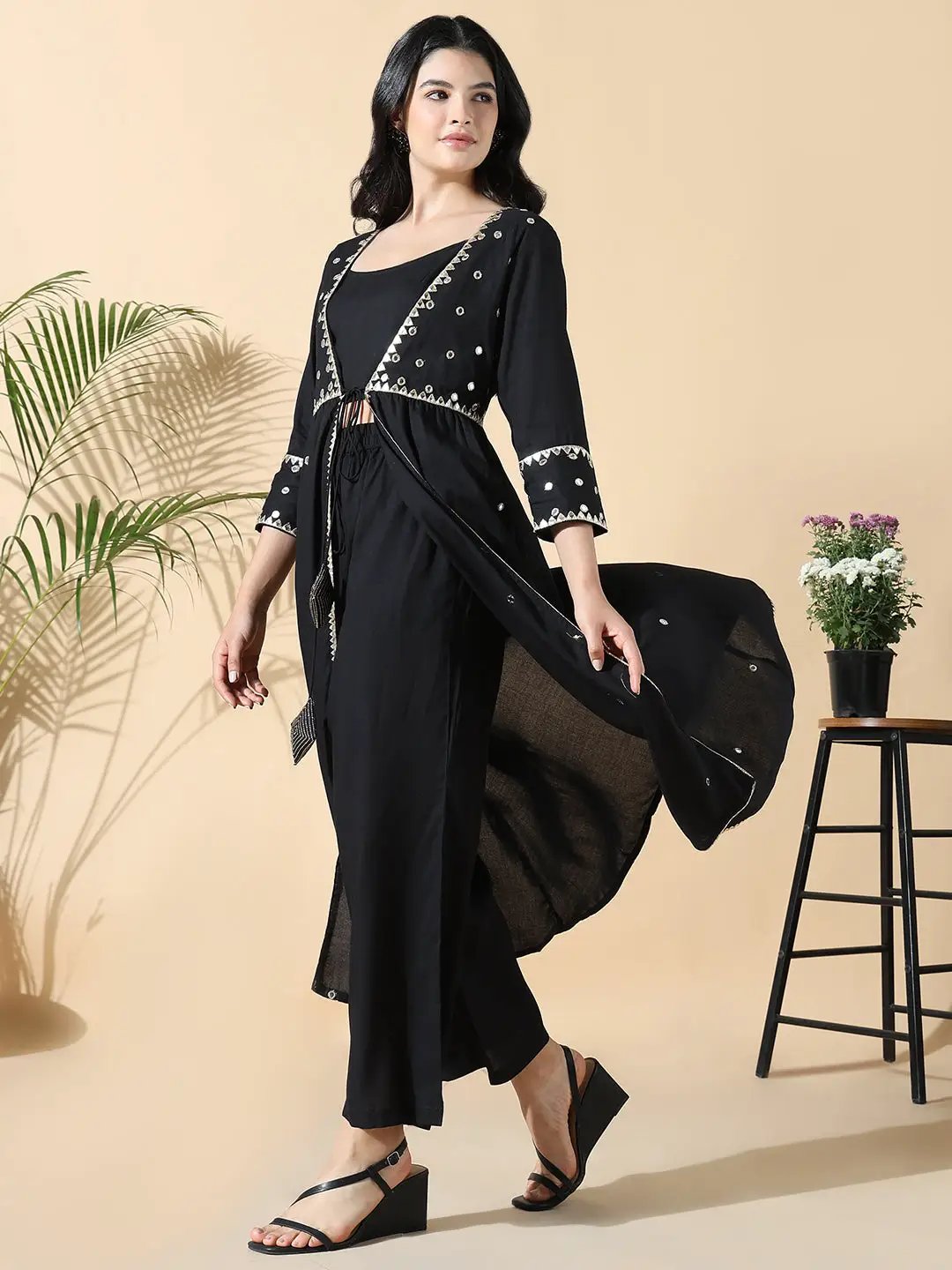 Women's Solid Straight Mirror Work Black Kurta with Overcoat