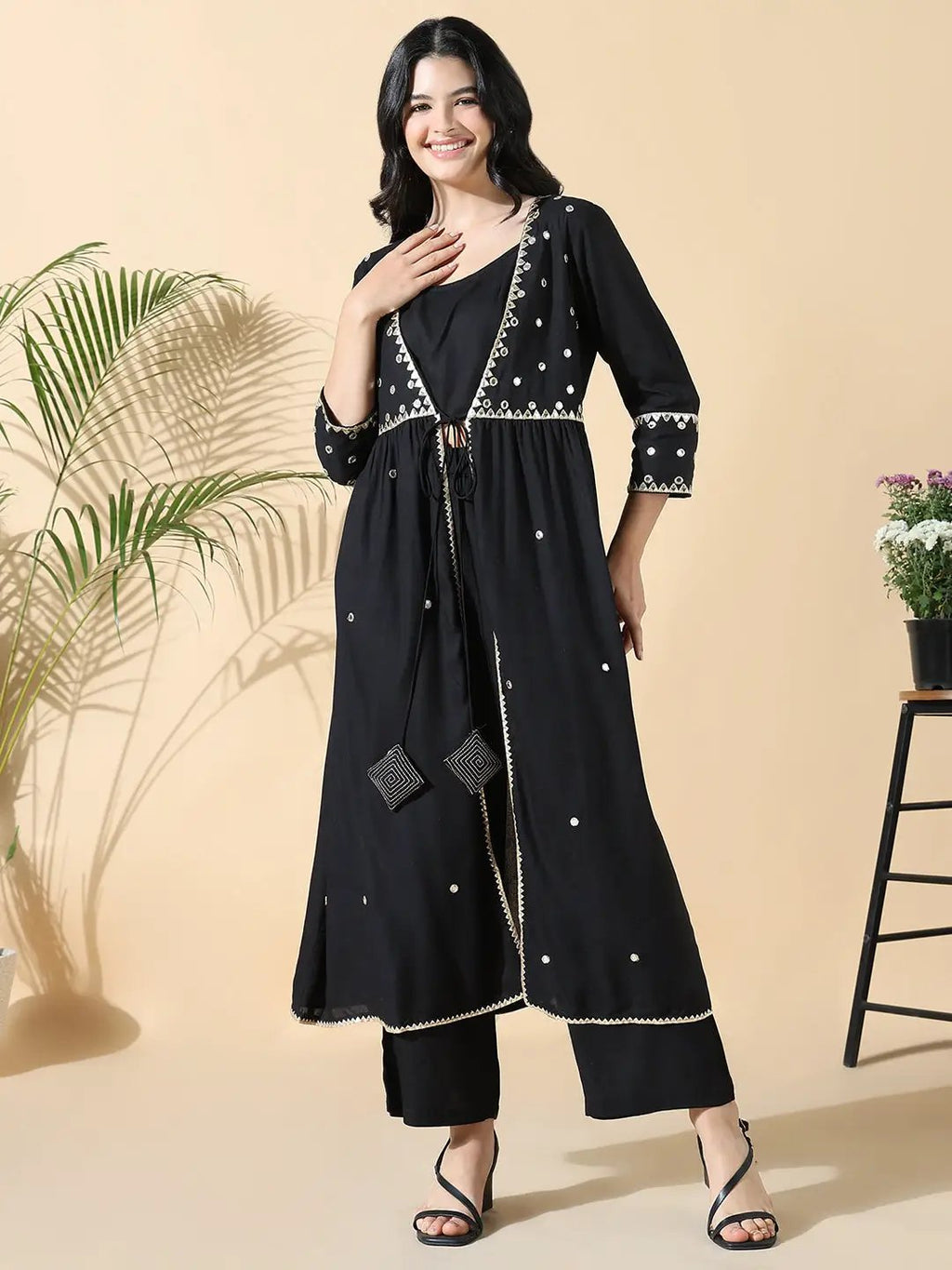 Women's Solid Straight Mirror Work Black Kurta with Overcoat
