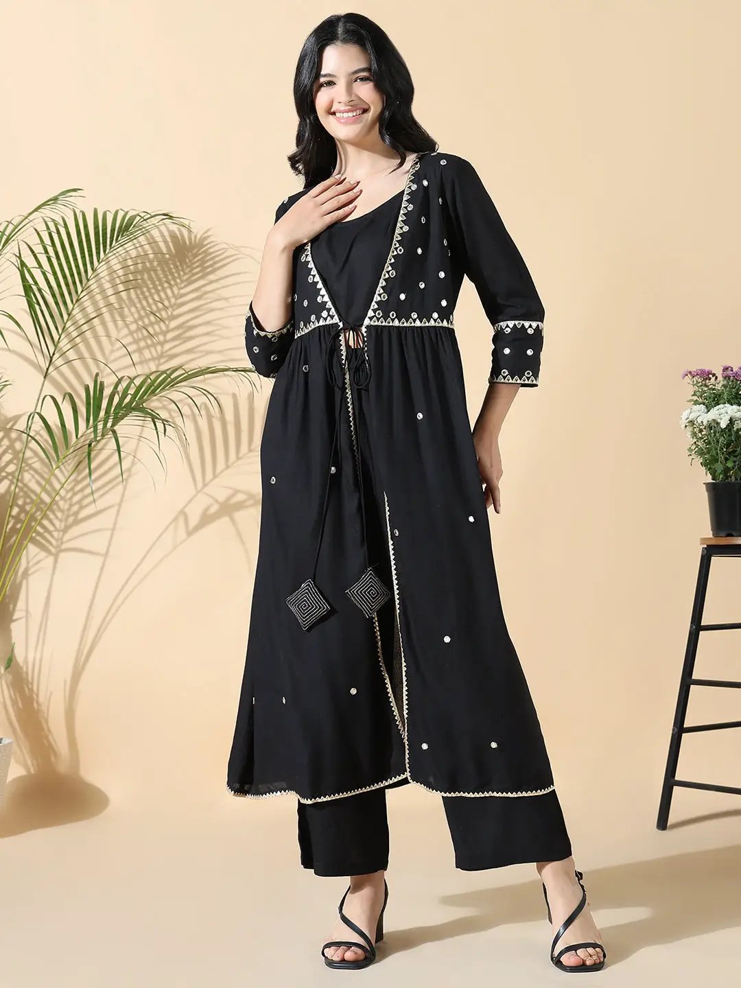 Women's Solid Straight Mirror Work Black Kurta with Overcoat