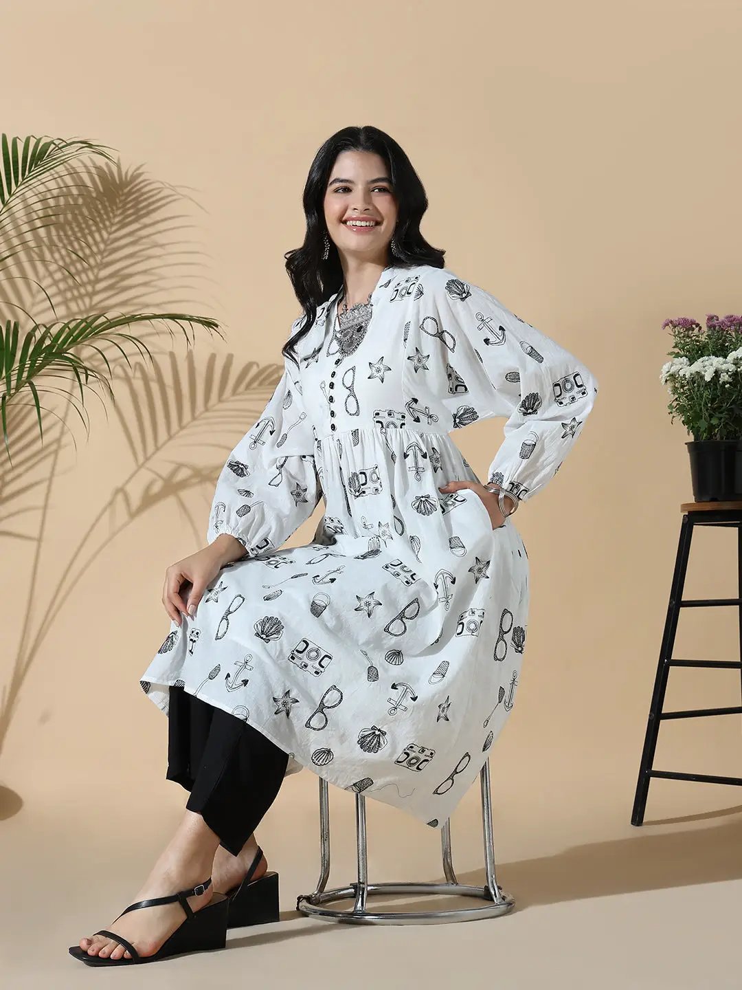 Women's Cotton Graphic Anarkali White Kurta Set