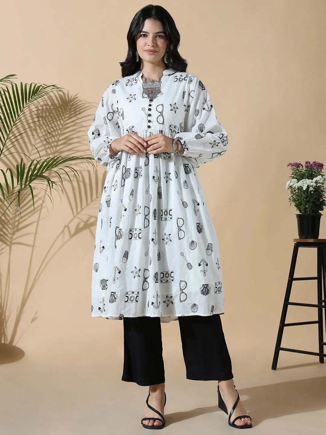 Women's Cotton Graphic Anarkali White Kurta Set