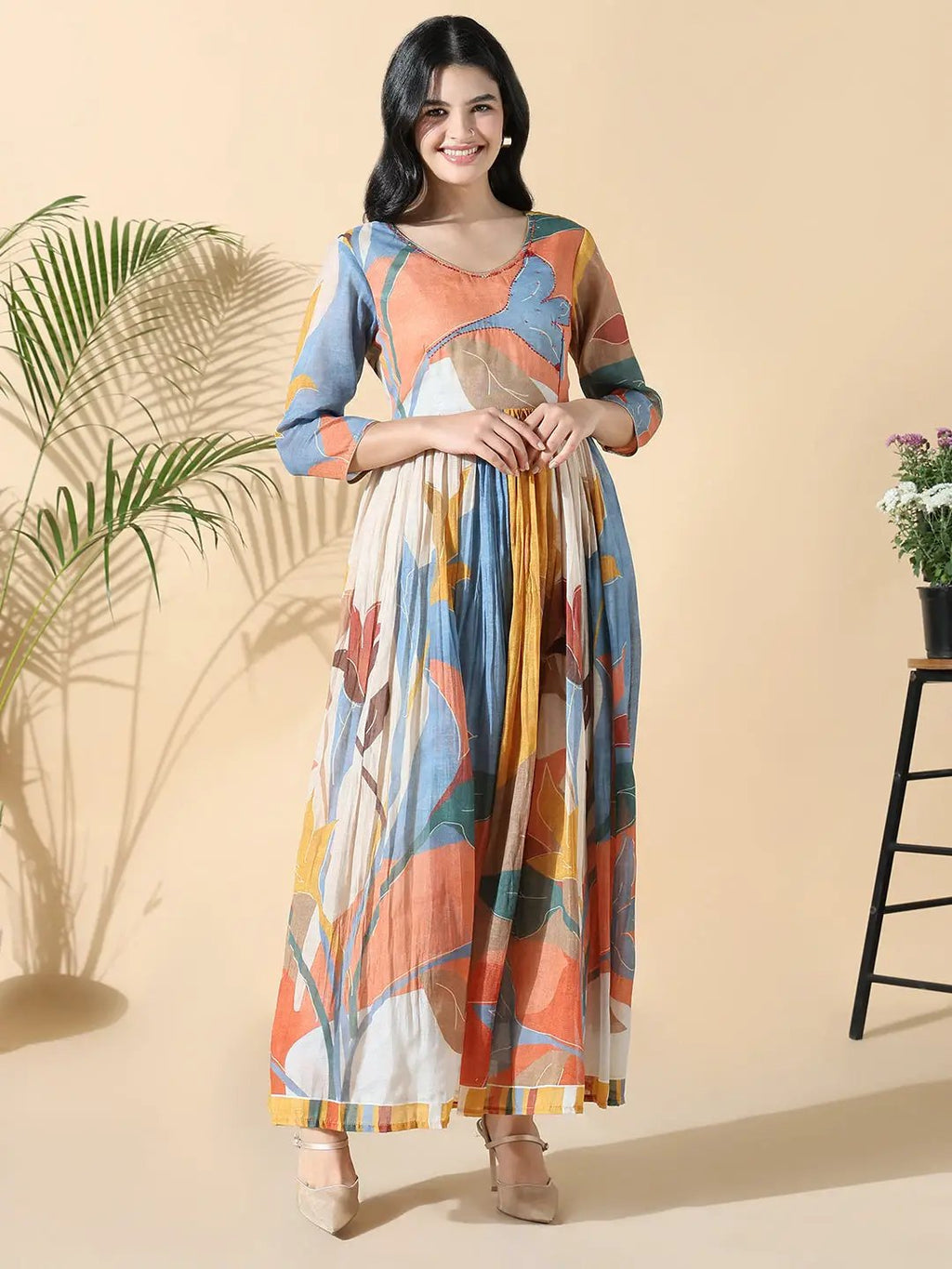 Women's Multi Floral Cotton Anarkali Kurta